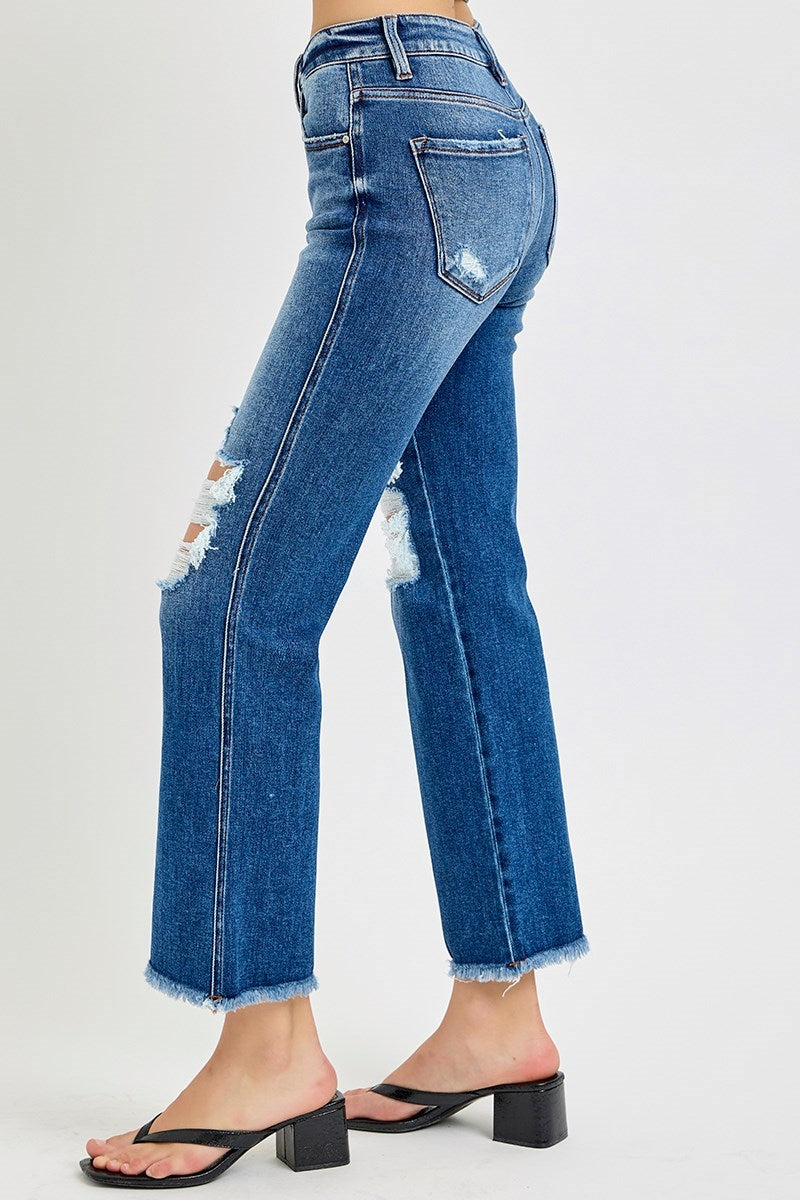 Risen: #73 Mid Rise Crop Flare Jeans w/ knee holes