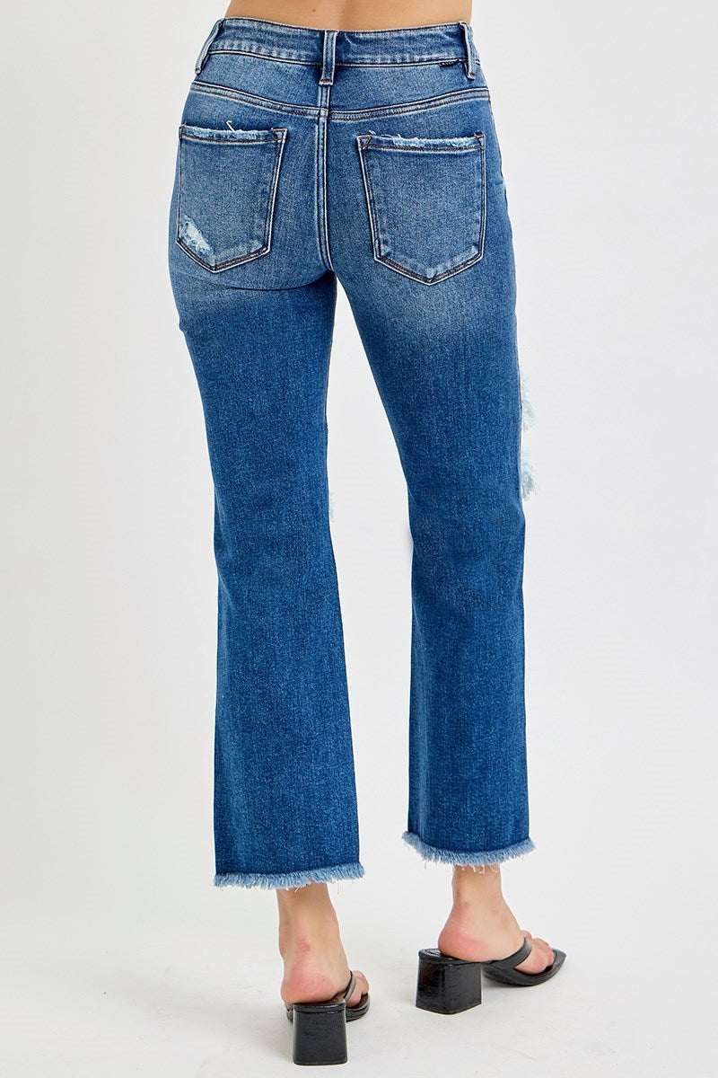 Risen: #73 Mid Rise Crop Flare Jeans w/ knee holes