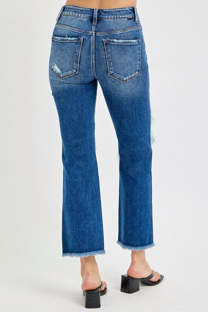 Risen: #73 Mid Rise Crop Flare Jeans w/ knee holes