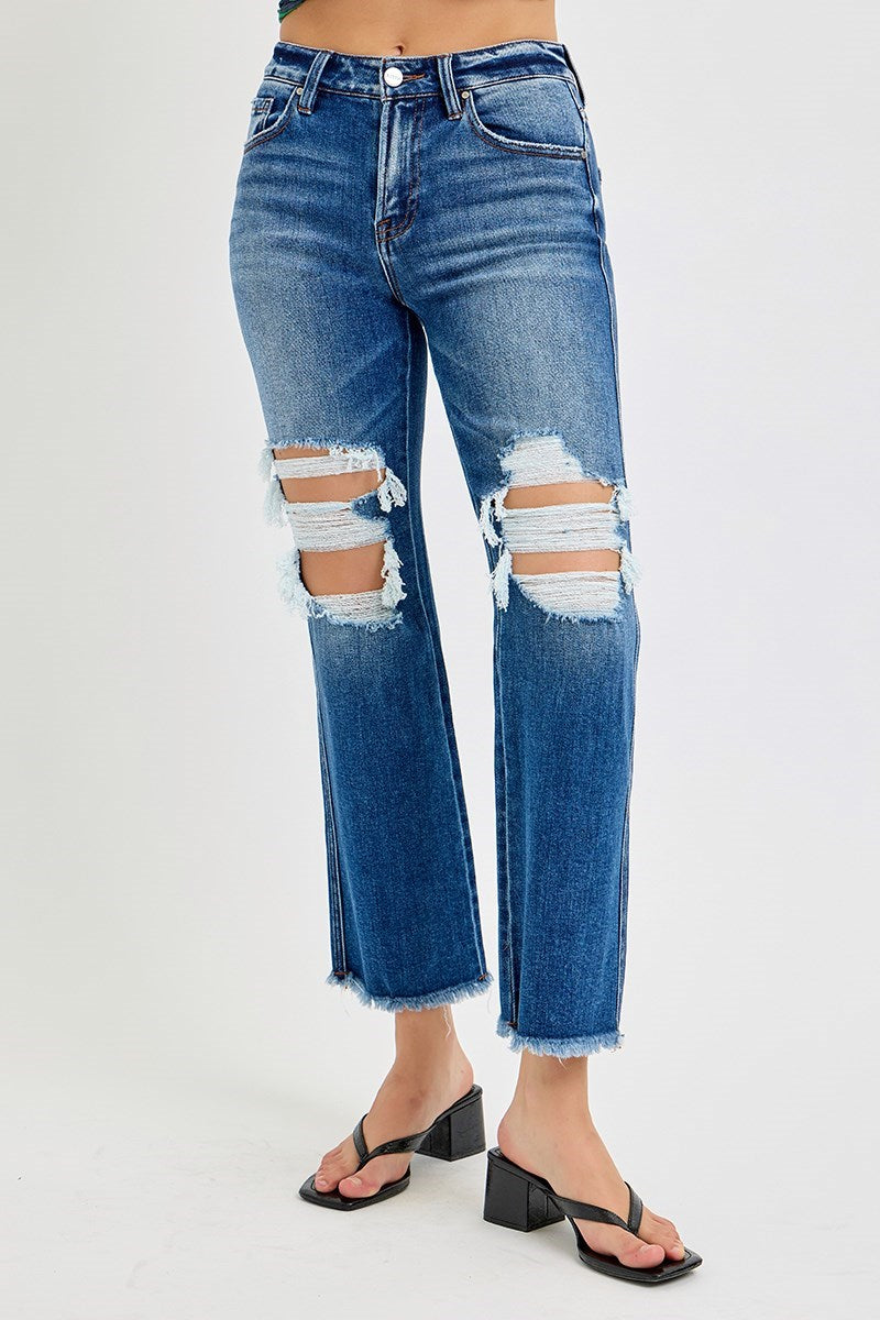 Risen: #73 Mid Rise Crop Flare Jeans w/ knee holes