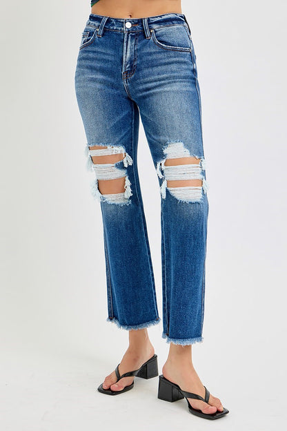 Risen: #73 Mid Rise Crop Flare Jeans w/ knee holes