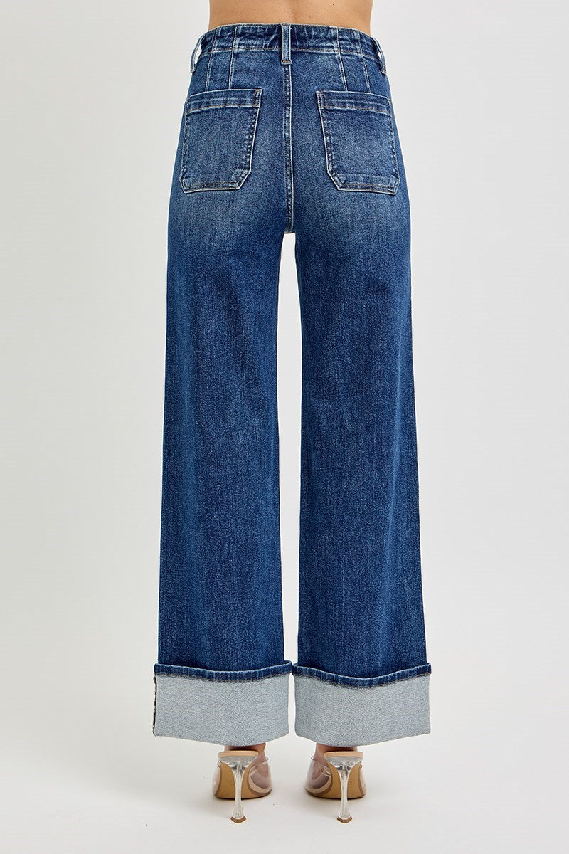 Risen: #65 High Rise Ankle Wide Button Down Front Patch Pocket Cuffed Jeans