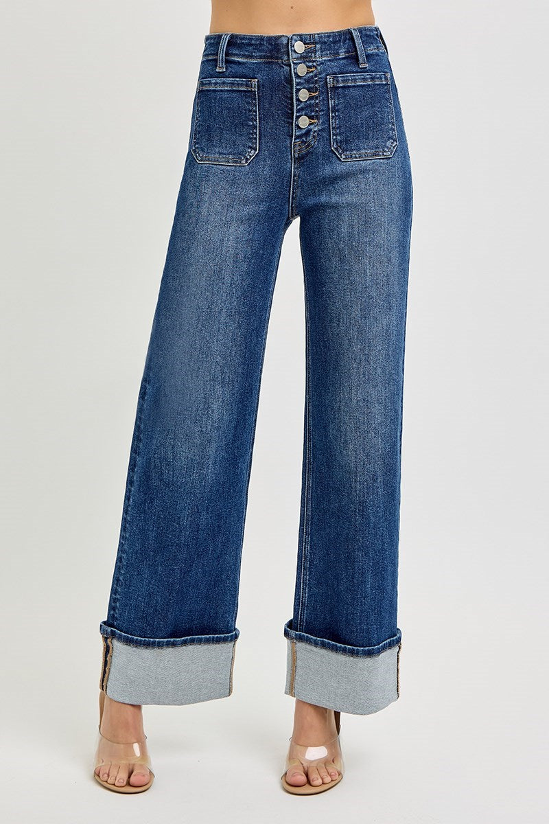 Risen: #65 High Rise Ankle Wide Button Down Front Patch Pocket Cuffed Jeans