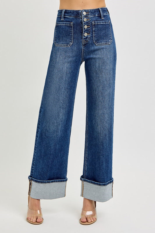 Risen: #65 High Rise Ankle Wide Button Down Front Patch Pocket Cuffed Jeans