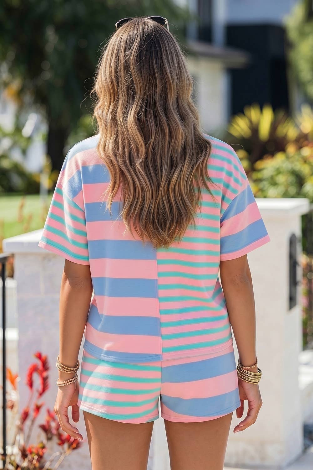 Striped Exposed Seam Mixed Patchwork Loose Short Set: Pink Stripe