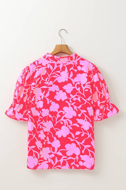 LAS Floral Split V Neck Ruffled Blouse Top (S-L): Red / Missy /